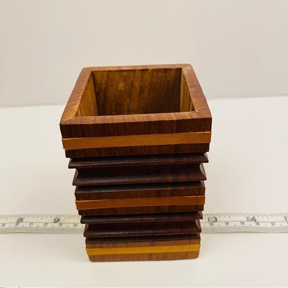 Wooden box storage wood brush holder pen holder striped dimensional office - Picture 3 of 9